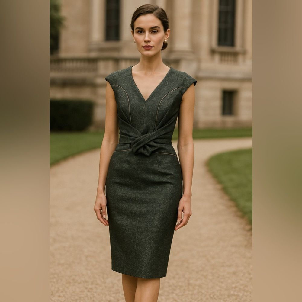 Zac Posen Twist Waist Sheath Dress 4 Metallic Green Sculptural Cocktail Wedding